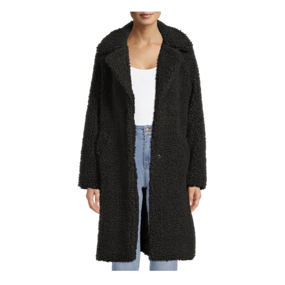 Women's Lucky Brand Black Moss Faux Fur Long Teddy Bear Coat Size Small